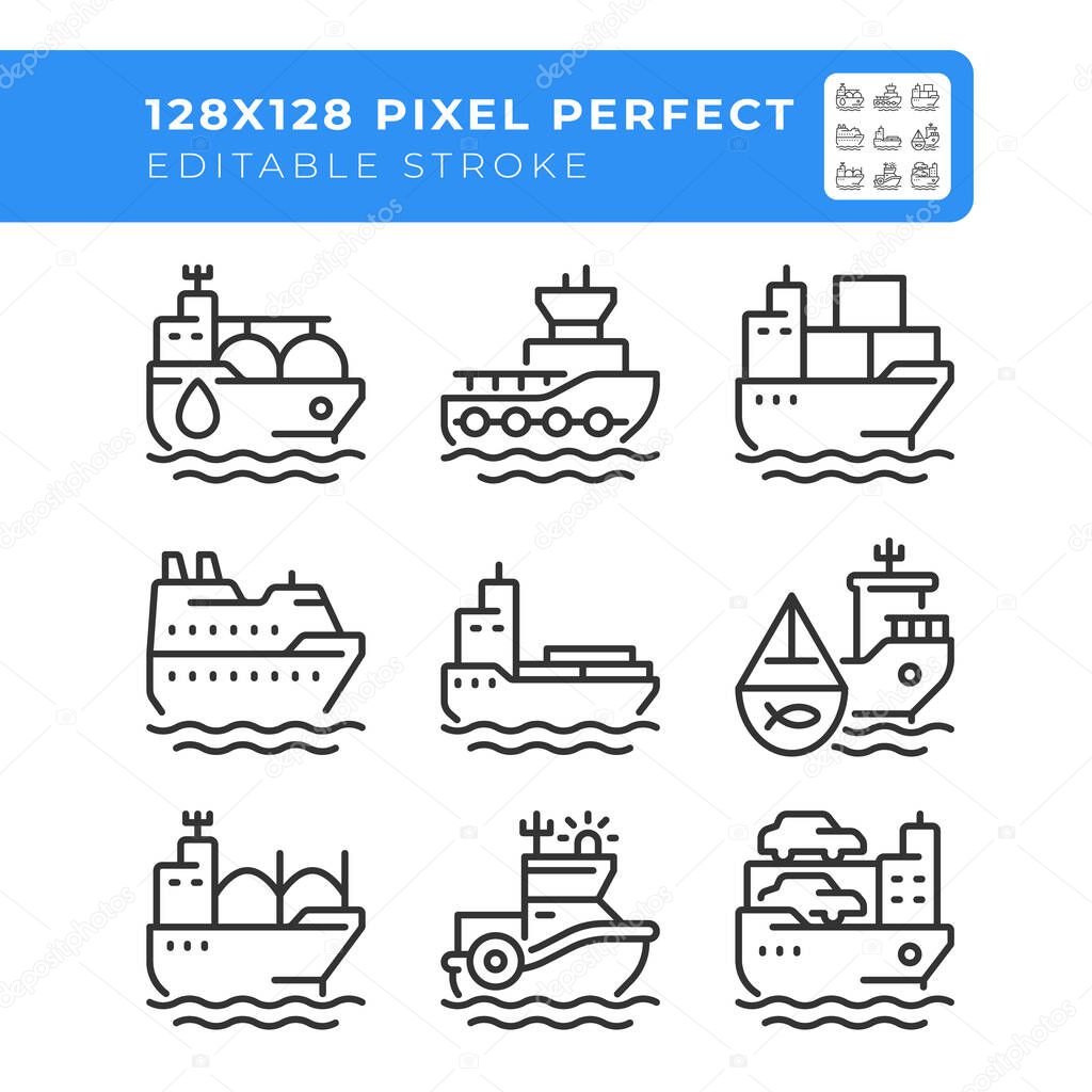Cargo shops types pixel perfect line icons set. Maritime transport delivering freights. Sea delivery service. Isolated vector outline illustrations. Thin lineart iconset symbols. Editable stroke