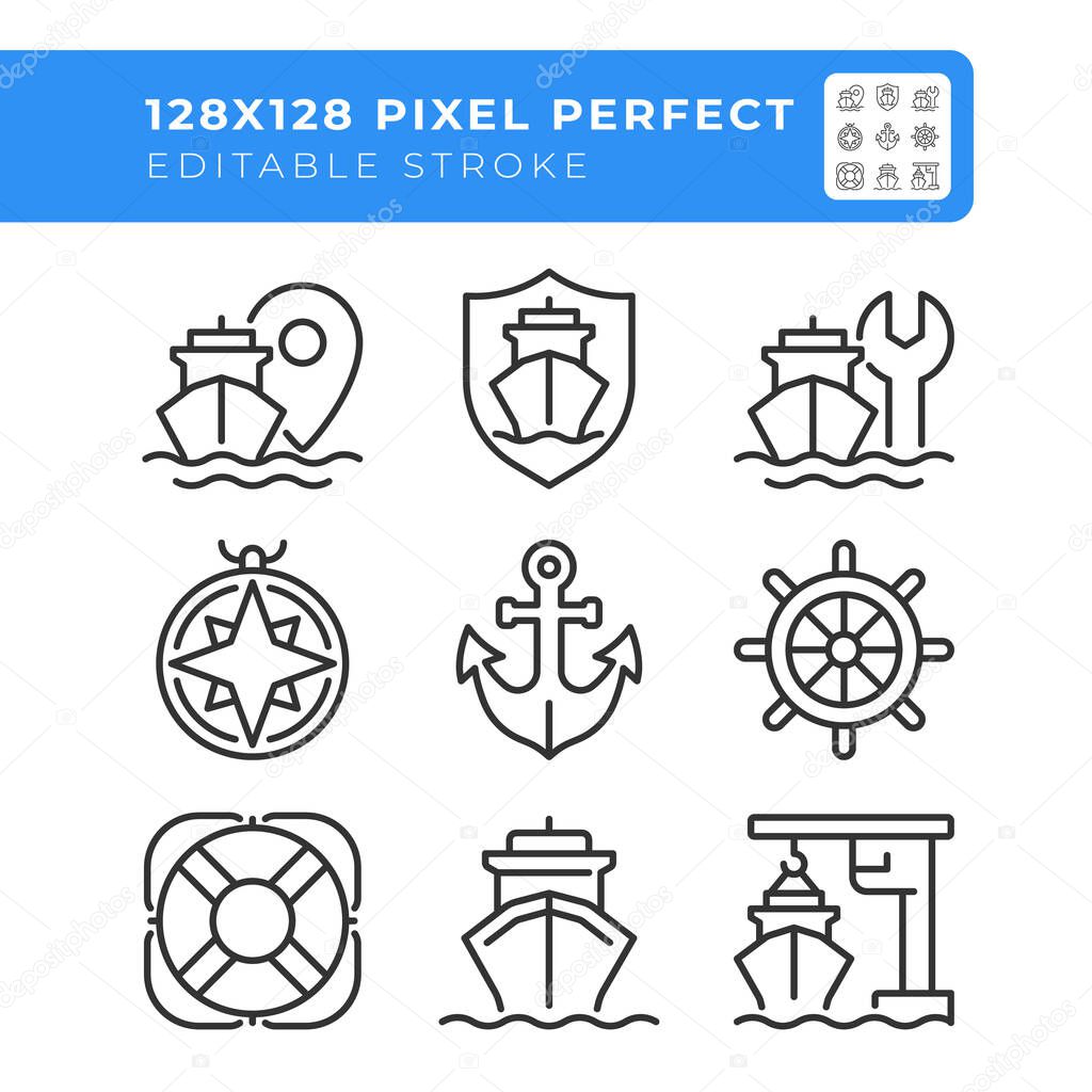 Maritime shipping industry pixel perfect line icons set. Transporting cargoes by sea. Delivery industry. Isolated vector outline illustrations. Thin lineart iconset symbols. Editable stroke