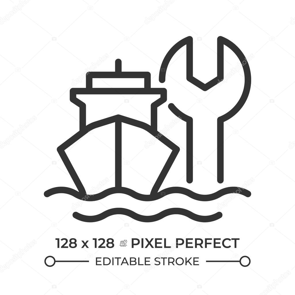 Ship maintenance pixel perfect line icon. Marine transport technical support. Vessel repair service. Dry dock. Isolated vector illustration. Outline symbol. Simple linear drawing. Editable stroke