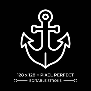 Çapa pikseli negatif uzayda kusursuz beyaz çizgi simgesi. Ağır gemi demirleme cihazı. Teknede kullanılan cihaz. Deniz taşıma ekipmanları. Siyah arkaplanda tek renkli doğrusal sembol. Düzenlenebilir vuruş