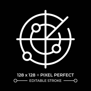 Deniz radar pikseli negatif uzayda kusursuz beyaz çizgi simgesi. Ekipman tehlike tespit ediyor. Çarpışmadan kaçınma ve yön bulma. Siyah arkaplanda tek renkli doğrusal sembol. Düzenlenebilir vuruş