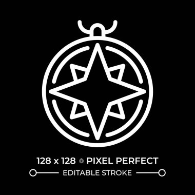 Negatif uzayda deniz pusulası pikseli kusursuz beyaz çizgi simgesi. Vintage gemi navigasyonu. Denizcilik aygıtı yönü gösteriyor. Siyah arkaplanda tek renkli doğrusal sembol. Düzenlenebilir vuruş