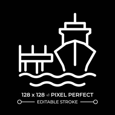 Rıhtım dokusu pikseli negatif uzayda kusursuz beyaz çizgi simgesi. Demir atma gemisi limanda. Deniz taşımacılığı endüstrisi. Gemi ekipmanı. Siyah arkaplanda tek renkli doğrusal sembol. Düzenlenebilir vuruş