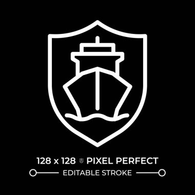 Geminin güvenlik pikseli negatif uzayda kusursuz beyaz çizgi simgesi. Mürettebat ve yolcular gemi korumasında. Deniz taşımacılığı. Siyah arkaplanda tek renkli doğrusal sembol. Düzenlenebilir vuruş