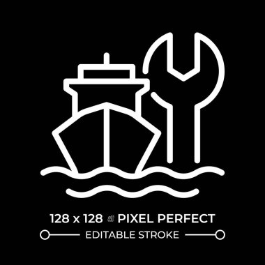 Gemi bakım pikseli negatif uzayda kusursuz beyaz çizgi simgesi. Deniz taşımacılığı teknik desteği. Gemi tamir servisi. Siyah arkaplanda tek renkli doğrusal sembol. Düzenlenebilir vuruş
