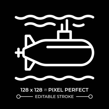 Denizaltı pikseli negatif uzayda kusursuz beyaz çizgi simgesi. Su altında bağımsız çalışma yeteneğine sahip bir su aracı. Denizcilik. Siyah arkaplanda tek renkli doğrusal sembol. Düzenlenebilir vuruş