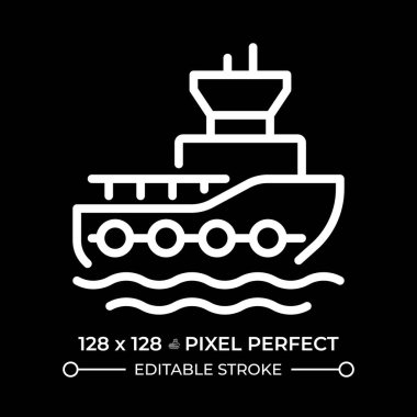 Römorkör pikseli negatif uzayda kusursuz beyaz çizgi simgesi. Gemi manevra yapmak için tasarlandı. Deniz taşımacılığı. Liman Çekicisi. Siyah arkaplanda tek renkli doğrusal sembol. Düzenlenebilir vuruş