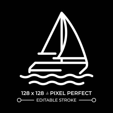 Yelkenli gemi pikseli negatif uzayda kusursuz beyaz çizgi simgesi. Deniz yolculuğunda yat. Yelkenliyle deniz kenarında seyahat ediyor. Denizcilik. Siyah arkaplanda tek renkli doğrusal sembol. Düzenlenebilir vuruş