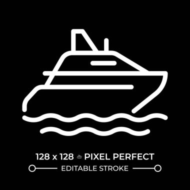 Yat pikseli negatif uzayda kusursuz beyaz çizgi simgesi. Denizde lüks bir tekne gezisi. Keyif uçuşu. Deniz taşımacılığı. Siyah arkaplanda tek renkli doğrusal sembol. Düzenlenebilir vuruş