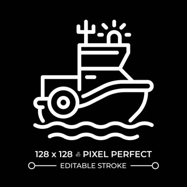 Sahil Güvenlik teknesi pikseli. Negatif uzayda kusursuz beyaz çizgi simgesi. Deniz güvenliği. Su üstünde kolluk kuvvetleri ve kurtarma servisi. Siyah arkaplanda tek renkli doğrusal sembol. Düzenlenebilir vuruş