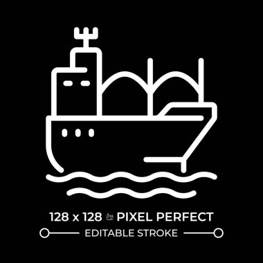 Toplu taşıyıcı piksel negatif uzayda kusursuz beyaz çizgi simgesi. Paketlenmemiş kargo taşıyan ticaret gemisi. Mallar su yoluyla teslim edilir. Siyah arkaplanda tek renkli doğrusal sembol. Düzenlenebilir vuruş