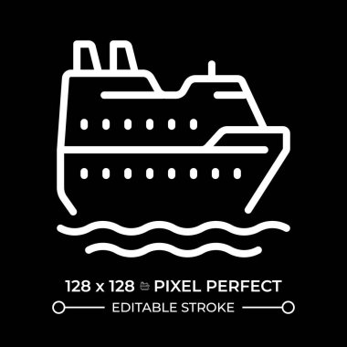 Yolcu gemisi pikseli negatif uzayda kusursuz beyaz çizgi simgesi. Okyanus gemisi kalkıyor. Rahat bir gemiyle deniz yolculuğu. Denizcilik. Siyah arkaplanda tek renkli doğrusal sembol. Düzenlenebilir vuruş