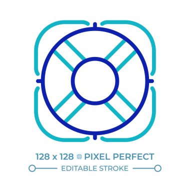 Lifebuoy pikseli iki renk çizgisi simgesi. Kişisel yüzdürme cihazı. Kurtarma çemberi insanları su bicolor ana hatları sembolünden kurtarıyor. Duotone lineer piktogram. İzole bir illüstrasyon. Düzenlenebilir vuruş