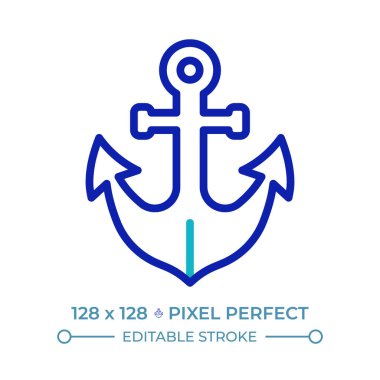 Çapa pikseli mükemmel iki renk çizgisi simgesi. Ağır gemi demirleme cihazı. Teknede kullanılan cihaz. Deniz taşımacılığı çift renkli ana hat sembolü. Duotone lineer piktogram. İzole bir illüstrasyon. Düzenlenebilir vuruş