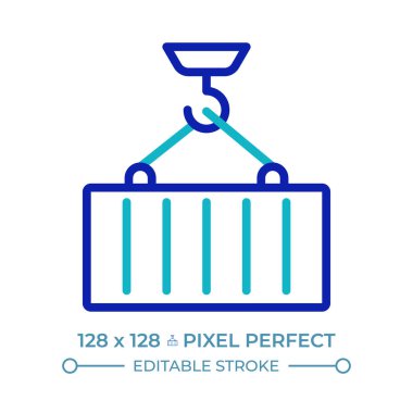 Taşıyıcı yükleme piksel mükemmel iki renk çizgisi simgesi. Crain kargo taşıyor. Liman limanının çift renkli sembolü kaldırılıyor. Duotone lineer piktogram. İzole bir illüstrasyon. Düzenlenebilir vuruş
