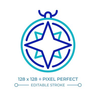 Deniz pusulası piksel mükemmel iki renk çizgisi simgesi. Gemi seyrüsefer. Denizcilik aygıtı iki renk ana hatlarını gösteriyor. Duotone lineer piktogram. İzole bir illüstrasyon. Düzenlenebilir vuruş