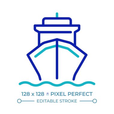 Kargo gemisi pikseli mükemmel iki renk çizgisi simgesi. Deniz taşımacılığı. Yük gemisi. Lojistik endüstrisi iki renkli ana hat sembolü. Duotone lineer piktogram. İzole bir illüstrasyon. Düzenlenebilir vuruş