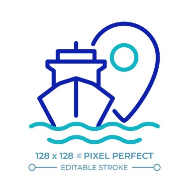 Geminin konum pikseli iki renk çizgisi simgesi için mükemmel. Denizdeki gemi rotası takip ediliyor. Deniz taşımacılığı. Navigasyon çift renkli ana hat sembolü. Duotone lineer piktogram. İzole bir illüstrasyon. Düzenlenebilir vuruş
