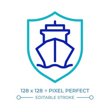 Geminin güvenlik pikseli iki renk çizgisi simgesi. Gemilerdeki yolcuların korunması. Deniz taşımacılığı çift renkli ana hat sembolü. Duotone lineer piktogram. İzole bir illüstrasyon. Düzenlenebilir vuruş