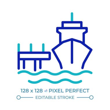 Liman pikseli mükemmel iki renk çizgisi simgesi. Demir atma gemisi limanda. Deniz taşımacılığı. Gemi ekipmanları çift renkli ana hat sembolü. Duotone lineer piktogram. İzole bir illüstrasyon. Düzenlenebilir vuruş