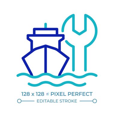 Gemi bakım piksel mükemmel iki renk çizgisi simgesi. Deniz taşımacılığı teknik desteği. Taşıyıcı onarım servisi iki renkli ana hat sembolü. Duotone lineer piktogram. İzole bir illüstrasyon. Düzenlenebilir vuruş