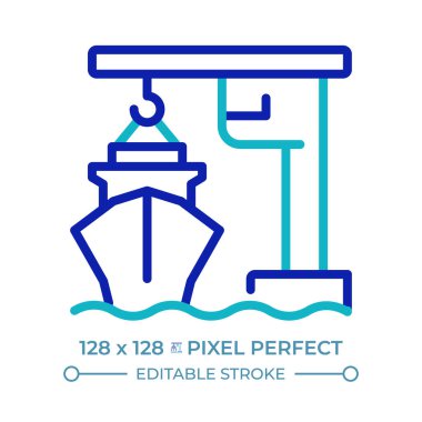 İskele vinç pikseli iki renk çizgisi simgesi. Makine gemiye kargo yüklüyor. Yük taşımacılığı çift renkli ana hat sembolü. Duotone lineer piktogram. İzole bir illüstrasyon. Düzenlenebilir vuruş