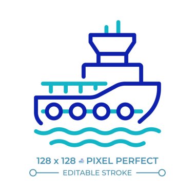 Römorkör pikseli iki renk çizgisi simgesi. Gemileri manevra için tasarlanmış bir gemi. Deniz taşımacılığı. Liman römorkörü çift renkli ana hat sembolü. Duotone lineer piktogram. İzole bir illüstrasyon. Düzenlenebilir vuruş