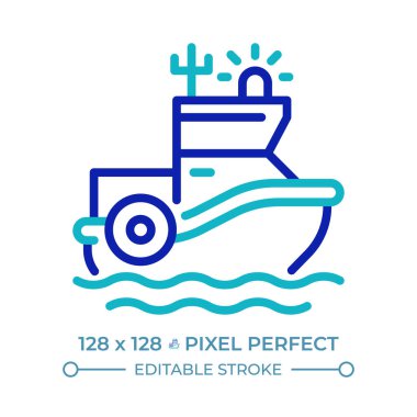 Sahil Güvenlik teknesi pikseli iki renk çizgisi simgesi. Deniz güvenlik gemisi. Kolluk kuvvetleri ve kurtarma iki renkli ana hat sembolü. Duotone lineer piktogram. İzole bir illüstrasyon. Düzenlenebilir vuruş