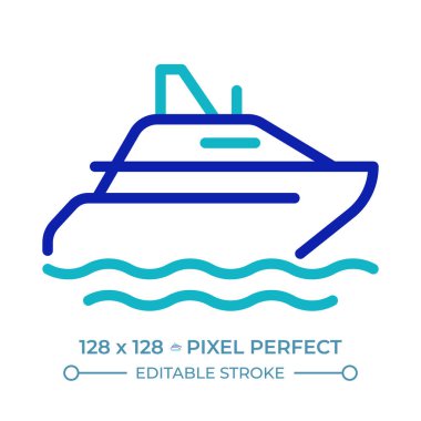 Yat pikseli iki renk çizgisi simgesi. Denizde lüks bir tekne gezisi. Zevk gemisi. Deniz taşımacılığı çift renkli ana hat sembolü. Duotone lineer piktogram. İzole bir illüstrasyon. Düzenlenebilir vuruş