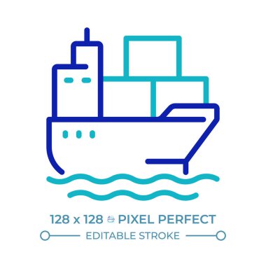 Taşıyıcı kap piksel mükemmel iki renk çizgisi simgesi. Malları deniz yoluyla taşıyan kargo gemisi. Deniz taşımacılığı çift renkli ana hat sembolü. Duotone lineer piktogram. İzole bir illüstrasyon. Düzenlenebilir vuruş