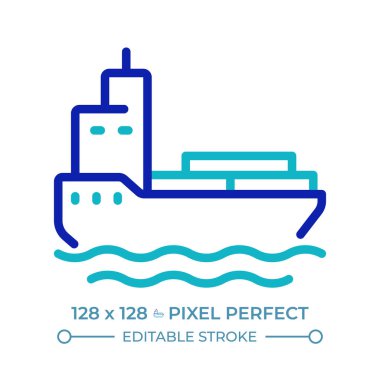 Mavna pikseli iki renk çizgisi simgesi. Sığ sularda su nakli. Kargo gemisi. Denizcilik endüstrisinin iki renkli ana hatlı sembolü. Duotone lineer piktogram. İzole bir illüstrasyon. Düzenlenebilir vuruş