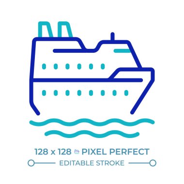 Seyir gemisi pikseli iki renk çizgisi simgesi. Okyanus gemisi kalkıyor. Gemi ile deniz yolculuğu. Deniz taşımacılığı çift renkli ana hat sembolü. Duotone lineer piktogram. İzole bir illüstrasyon. Düzenlenebilir vuruş