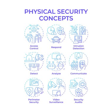 Fiziksel güvenlik mavi eğimli konsept simgeleri. Güvenlik stratejisi sağlıyor. İnsanları ve varlıkları korumak. Simge paketi. Vektör görüntüleri. Sunum için yuvarlak şekilli çizimler. Soyut fikir