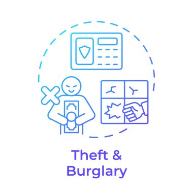 Hırsızlık ve soygun mavi gradyan konsept ikonu. Fiziksel güvenlik tehdidi ve risk. Yasadışı mal nakli. Yuvarlak şekil çizimi. Soyut bir fikir. Grafik tasarımı. Kitapçıkta kullanması kolay