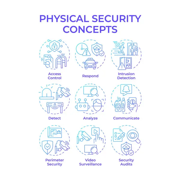 Fiziksel güvenlik mavi eğimli konsept simgeleri. Güvenlik stratejisi sağlıyor. İnsanları ve varlıkları korumak. Simge paketi. Vektör görüntüleri. Sunum için yuvarlak şekilli çizimler. Soyut fikir