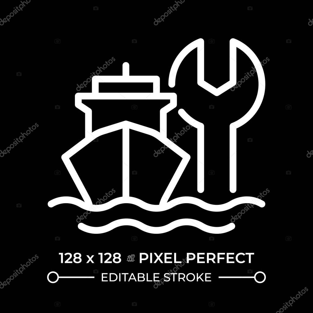 Ship maintenance pixel perfect white line icon in negative space. Marine transport technical support. Vessel repair service. Monochrome linear symbol on black background. Editable stroke