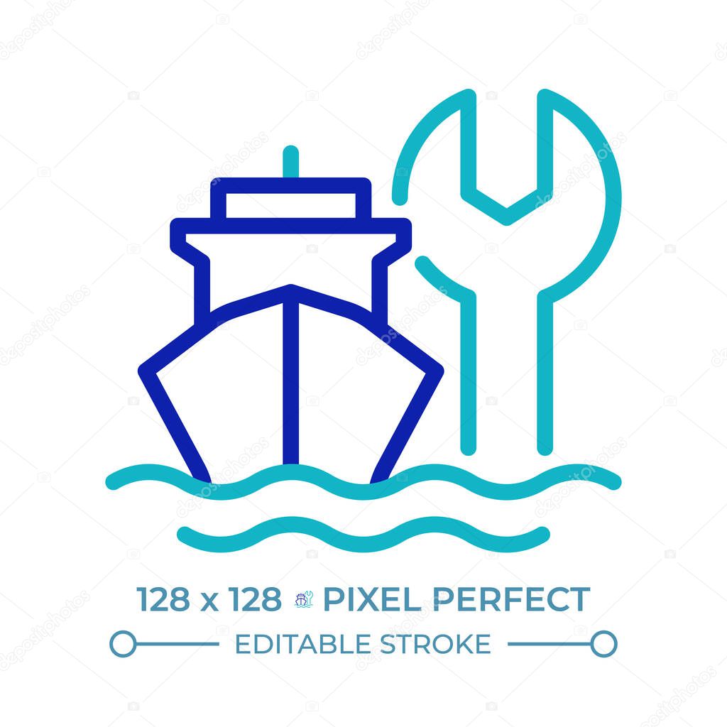 Ship maintenance pixel perfect two color line icon. Marine transport technical support. Vessel repair service bicolor outline symbol. Duotone linear pictogram. Isolated illustration. Editable stroke