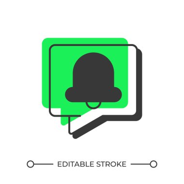 Bildirim iletisi gölge çizgi simgesini dengeledi. Konuşma balonunda çan çalıyor. Olay hakkında alarm sinyali uyarısı. Katı yeşil dolgulu kalın ana hatlı sembol. Modern düz çizim. Düzenlenebilir vuruş