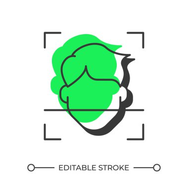 Yüz tanıma, gölge çizgi simgesini dengeledi. Yüz hatları analiz ediliyor. Kimlik tespiti teknolojisi. Katı yeşil dolgulu kalın ana hatlı sembol. Modern düz çizim. Düzenlenebilir vuruş