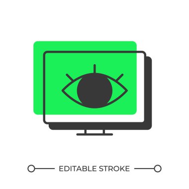Çevrimiçi izleme gölge çizgi simgesi. Gözü açık bilgisayar ekranı. Siber güvenlik geliştirme yazılımı. Katı yeşil dolgulu kalın ana hatlı sembol. Modern düz çizim. Düzenlenebilir vuruş