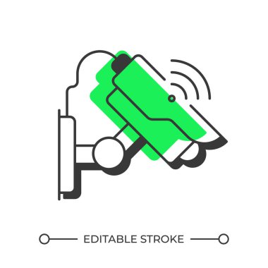 CCTV kamerası gölge çizgi simgesini dengeledi. Video izleme ekipmanları. Fiziksel güvenlik teknolojisi kullanımı. Katı yeşil dolgulu kalın ana hatlı sembol. Modern düz çizim. Düzenlenebilir vuruş