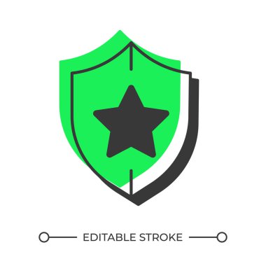 Profesyonel koruma gölge çizgisi simgesi. Yıldızlı kalkan. Gizli servis. İnsanları ve mülkleri korumak. Katı yeşil dolgulu kalın ana hatlı sembol. Modern düz çizim. Düzenlenebilir vuruş