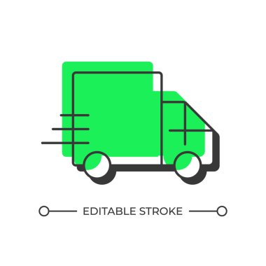 Kamyon dengeli gölge çizgisi simgesi. Ürün teslimat servisi. Kargo karavanı olan bir kamyon. Ulaşım. Katı yeşil dolgulu kalın ana hatlı sembol. Modern düz çizim. Düzenlenebilir vuruş