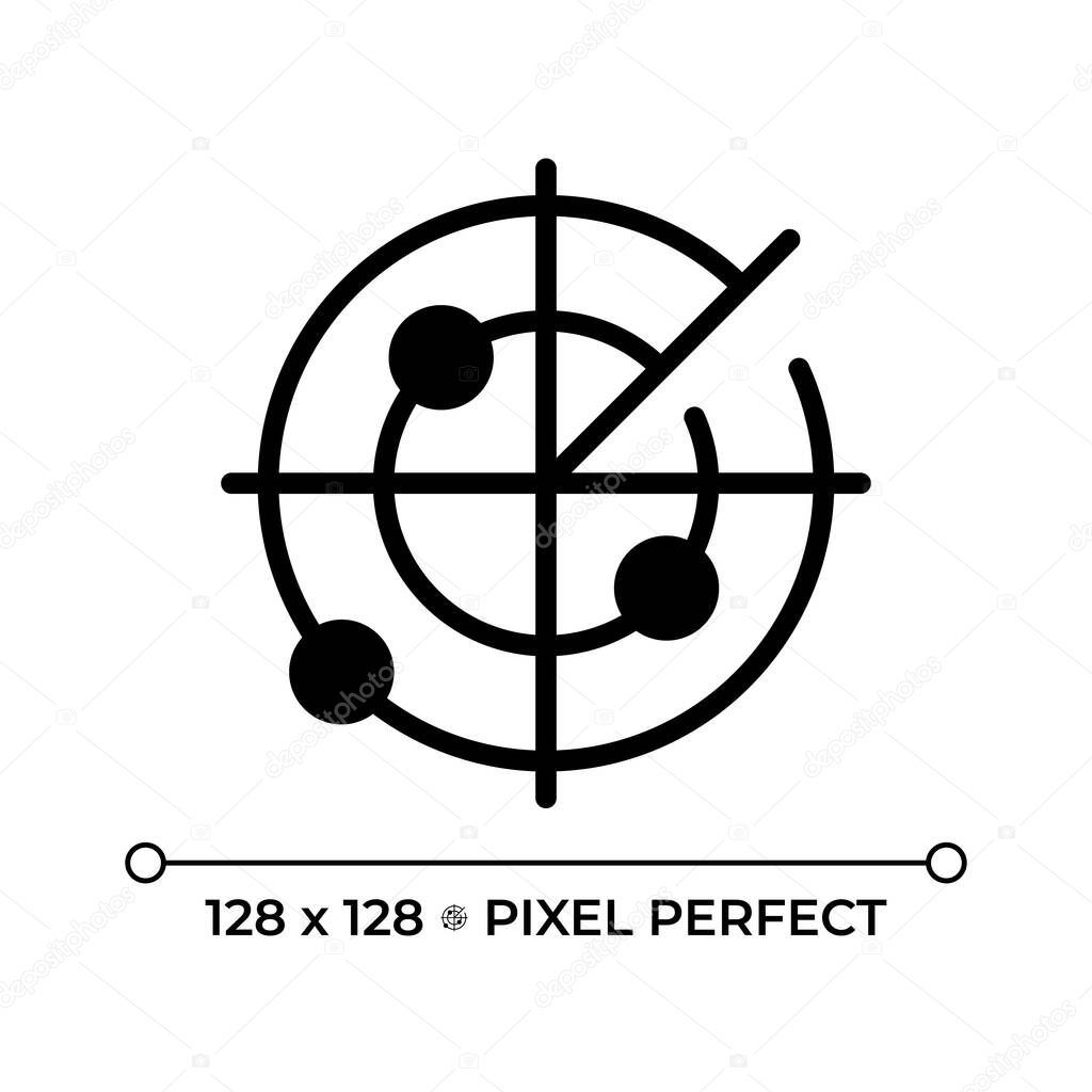 Marine radar pixel perfect glyph solid icon. Equipment detecting potential hazards. Collision avoidance and navigation. Black silhouette symbol on negative space. Vector isolated illustration