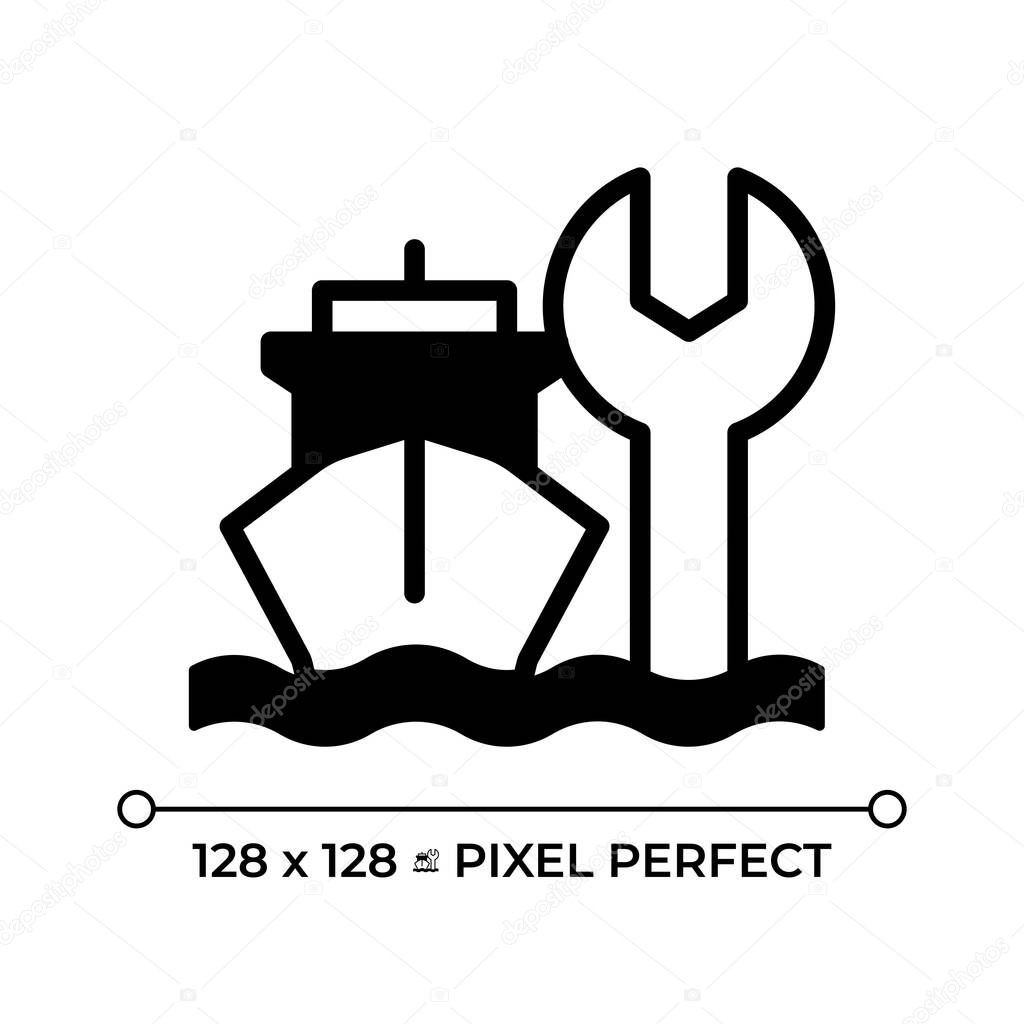 Ship maintenance pixel perfect glyph solid icon. Marine transport technical support. Vessel repair service. Dry dock. Black silhouette symbol on negative space. Vector isolated illustration