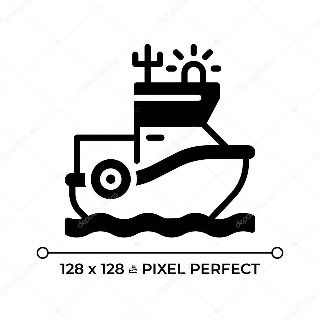 Coast guard boat pixel perfect glyph solid icon. Maritime security vessel. Law enforcement and rescue service on water. Black silhouette symbol on negative space. Vector isolated illustration