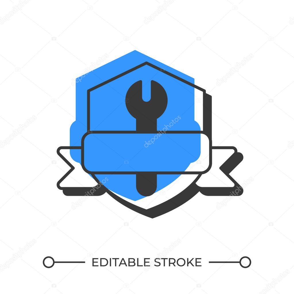 Repair service logo offset shadow line icon. Shield with wrench and ribbon. Security maintenance process. Bold outline symbol with solid blue fill. Modern flat illustration. Editable stroke