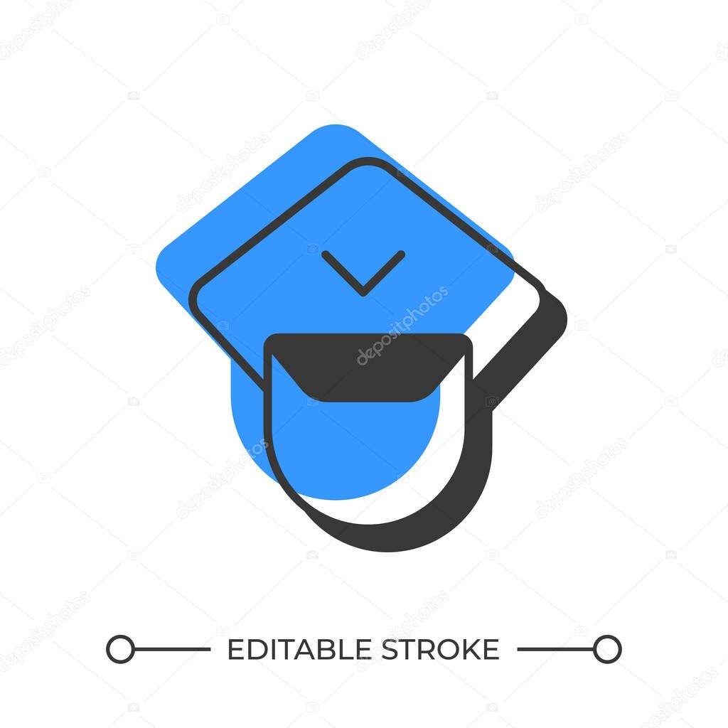 Police officer offset shadow line icon. Security person with cap. Providing safety of people and property. Bold outline symbol with solid blue fill. Modern flat illustration. Editable stroke