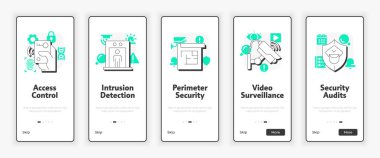 Mobil güvenlik sistemlerinin bileşenleri ekranda. UX UI illüstrasyonunu önleme. Yeşil aksanlı düz çizgili taslak simgeler. Informa Pro Bold, Montserrat Light yazı tipleri kullanıldı