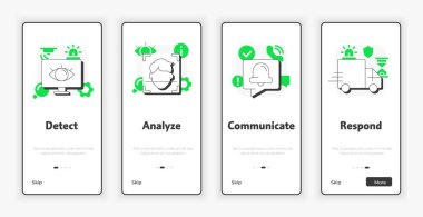 Fiziksel güvenlik ekosistem mobil ekranda. İnsanları korumak ve UX UI illüstrasyonunun envanterini çıkarmak. Yeşil aksanlı düz çizgili taslak simgeler. Informa Pro Bold, Montserrat Light yazı tipleri kullanıldı